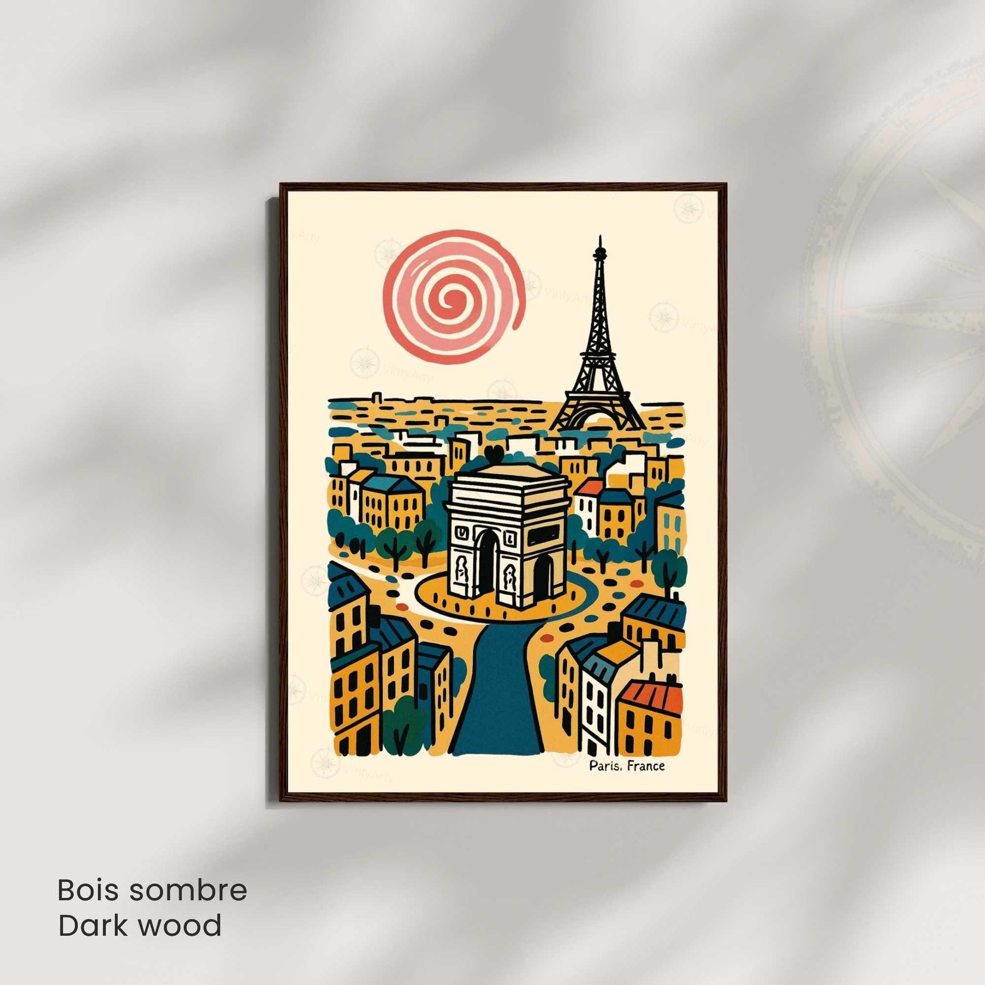 Affiche Paris rétro – Poster vintage Arc de Triomphe et Tour Eiffel, illustration artistique murale, idée cadeau Paris