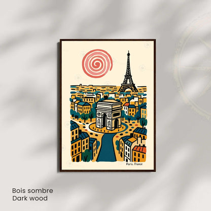 Affiche Paris rétro – Poster vintage Arc de Triomphe et Tour Eiffel, illustration artistique murale, idée cadeau Paris