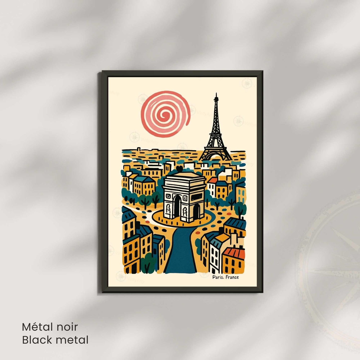 Affiche Paris rétro – Poster vintage Arc de Triomphe et Tour Eiffel, illustration artistique murale, idée cadeau Paris