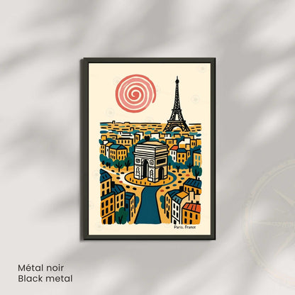 Affiche Paris rétro – Poster vintage Arc de Triomphe et Tour Eiffel, illustration artistique murale, idée cadeau Paris