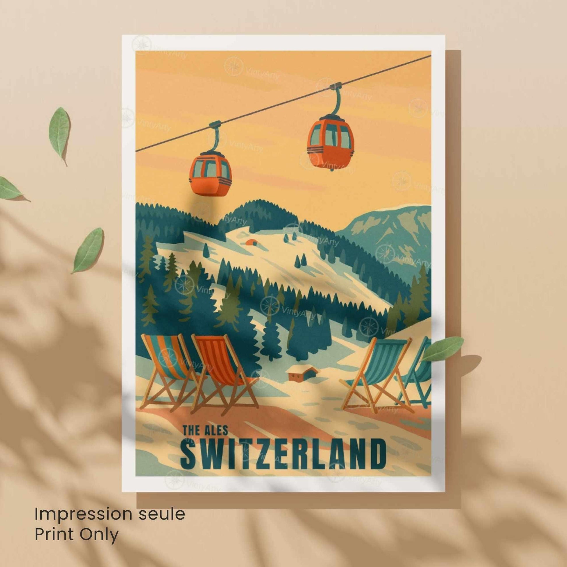 Affiche Alpes Suisse | Poster Vintage Télécabine | Illustration Rétro Montagne