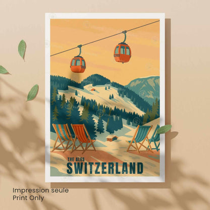 Affiche Alpes Suisse | Poster Vintage Télécabine | Illustration Rétro Montagne