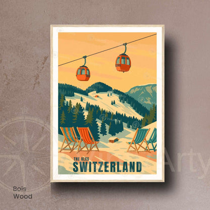Affiche Alpes Suisse | Poster Vintage Télécabine | Illustration Rétro Montagne