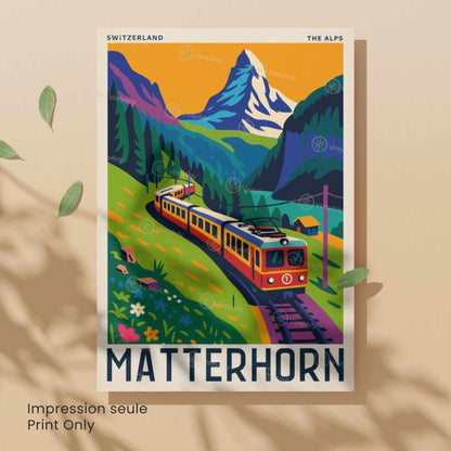 Affiche Suisse Matterhorn | Poster Vintage Train Alpes | Illustration Rétro Montagne