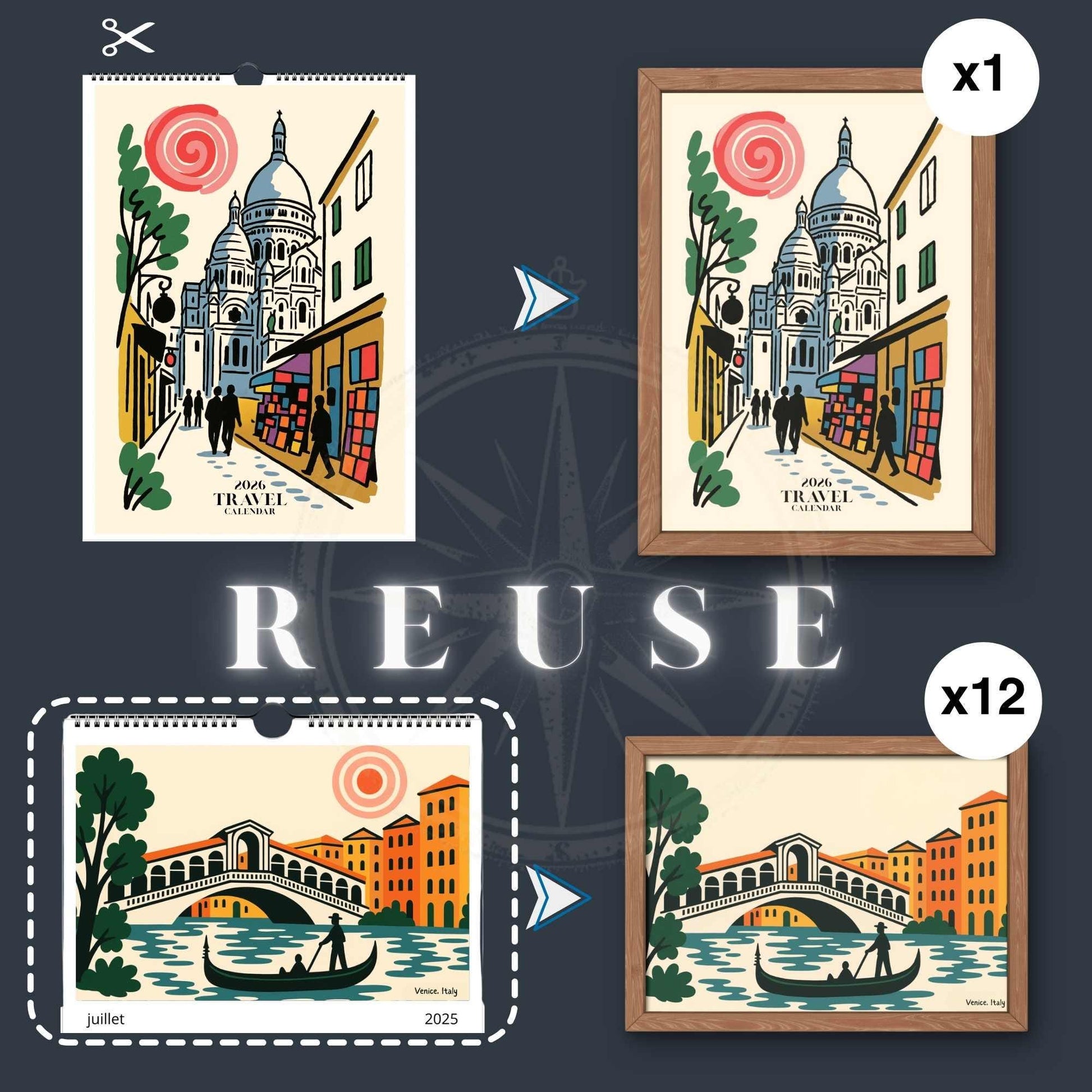 Calendrier mural 2026 Voyage | 12 illustrations du monde | Personnalisable & réutilisable en affiches