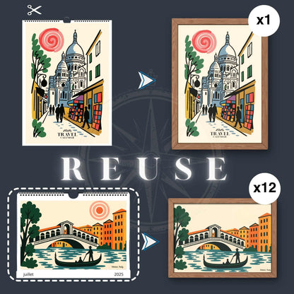 Calendrier mural 2026 Voyage | 12 illustrations du monde | Personnalisable & réutilisable en affiches