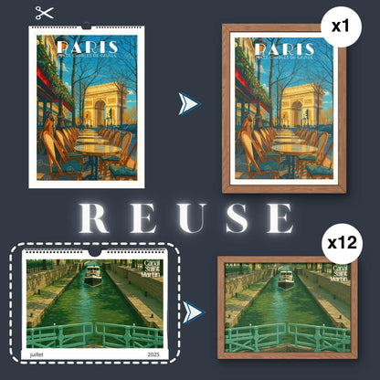 Calendrier mural 2026 Paris | Calendrier Paris, France | Calendrier Réutilisable en affiches déco