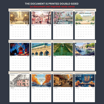 Calendrier mural 2026 Paris | Calendrier Paris, France | Calendrier Réutilisable en affiches déco