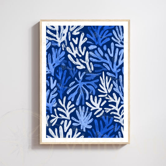 Affiche Matisse corail bleu blanc – Poster marin abstrait – Art mural moderne