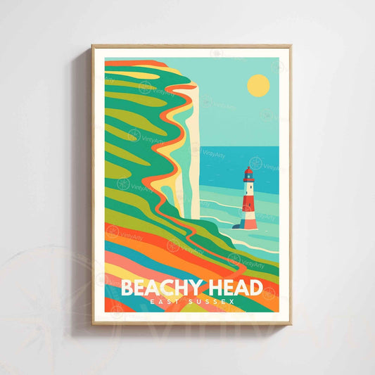 Beachy Head Poster East Sussex | Vintage Travel Print Lighthouse & Cliffs | Coastal Wall Art