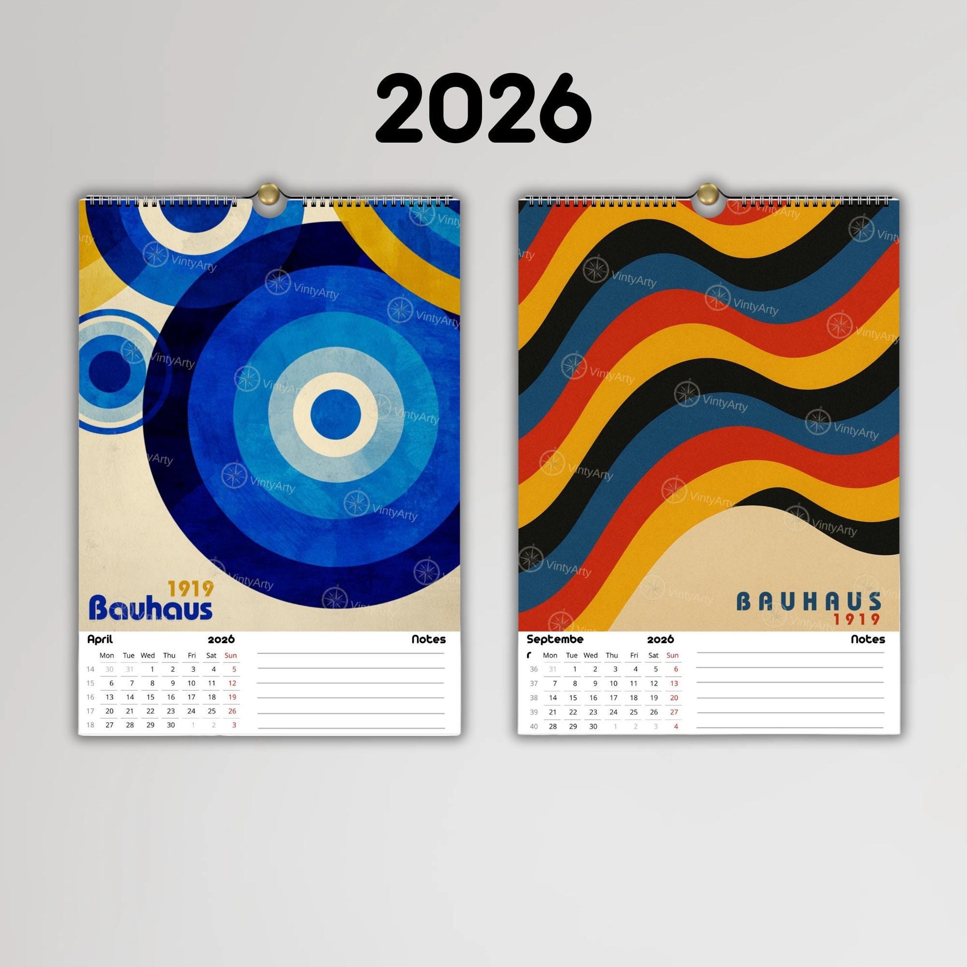 Calendrier mural 2026 Bauhaus | Illustrations Op Art réutilisables en affiches | Papier premium | Calendrier 2026