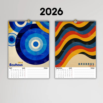 Calendrier mural 2026 Bauhaus | Illustrations Op Art réutilisables en affiches | Papier premium | Calendrier 2026