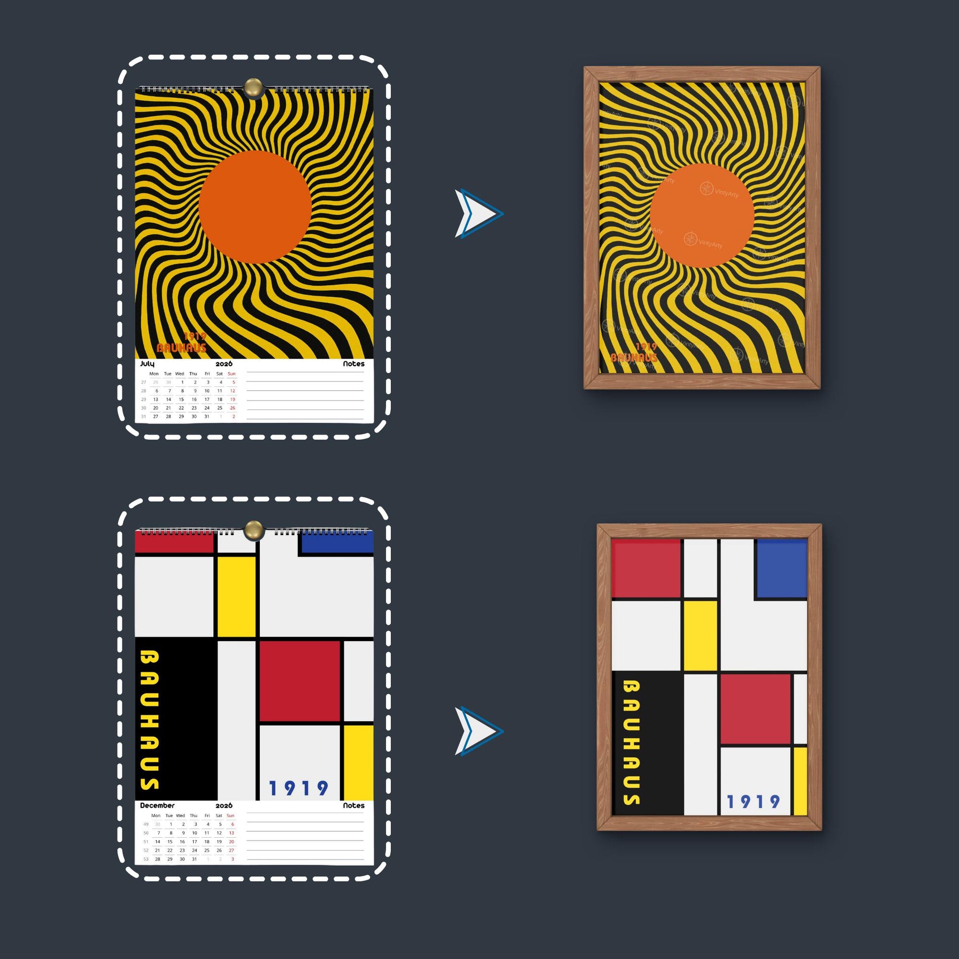 Calendrier mural 2026 Bauhaus | Illustrations Op Art réutilisables en affiches | Papier premium | Calendrier 2026