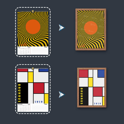 Calendrier mural 2026 Bauhaus | Illustrations Op Art réutilisables en affiches | Papier premium | Calendrier 2026