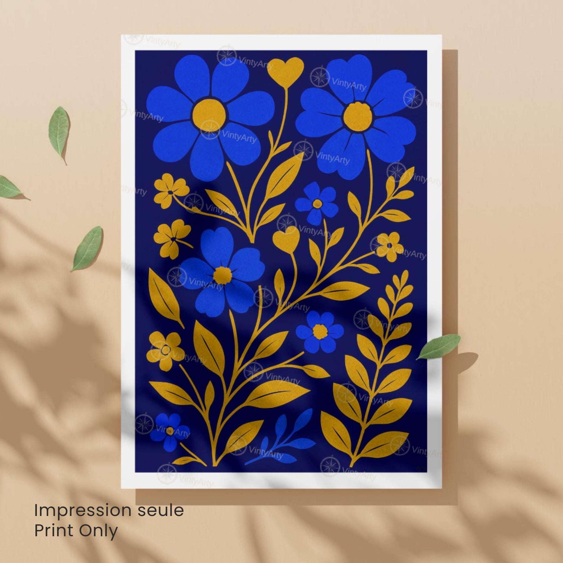 Affiche Fleurs Bleues et Or | Poster Botanique Moderne | Décoration Murale Florale