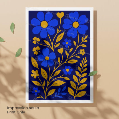Affiche Fleurs Bleues et Or | Poster Botanique Moderne | Décoration Murale Florale