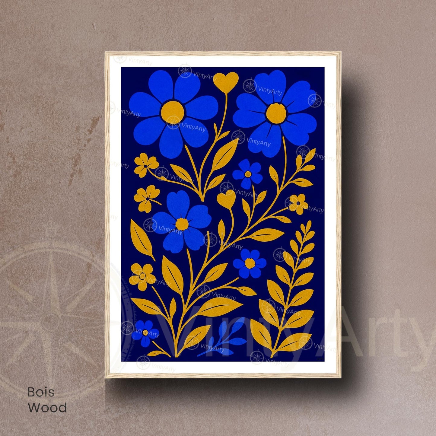 Affiche Fleurs Bleues et Or | Poster Botanique Moderne | Décoration Murale Florale