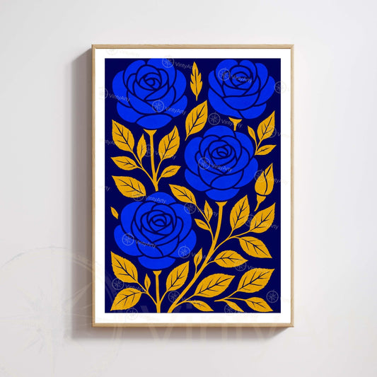 Blue and Gold Flowers Print | Modern Botanical Poster | Elegant Floral Wall Art