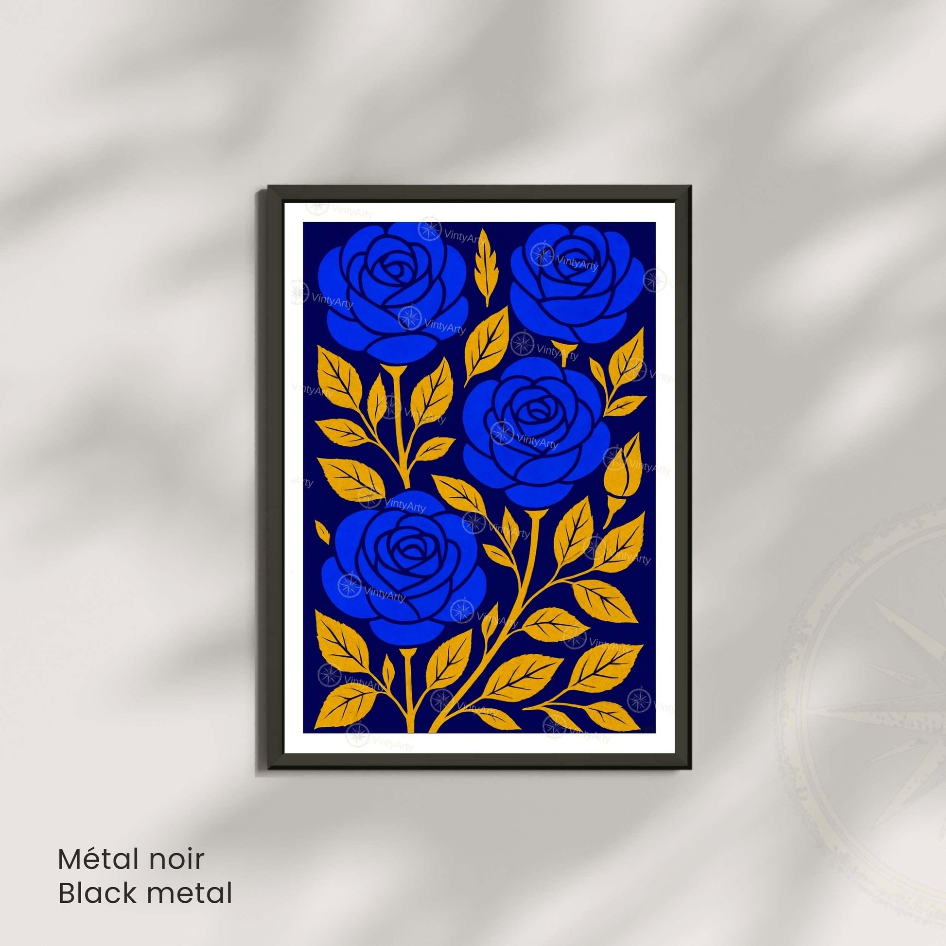 Affiche Roses Bleues et Or | Poster Botanique Moderne | Décoration Murale Élégante