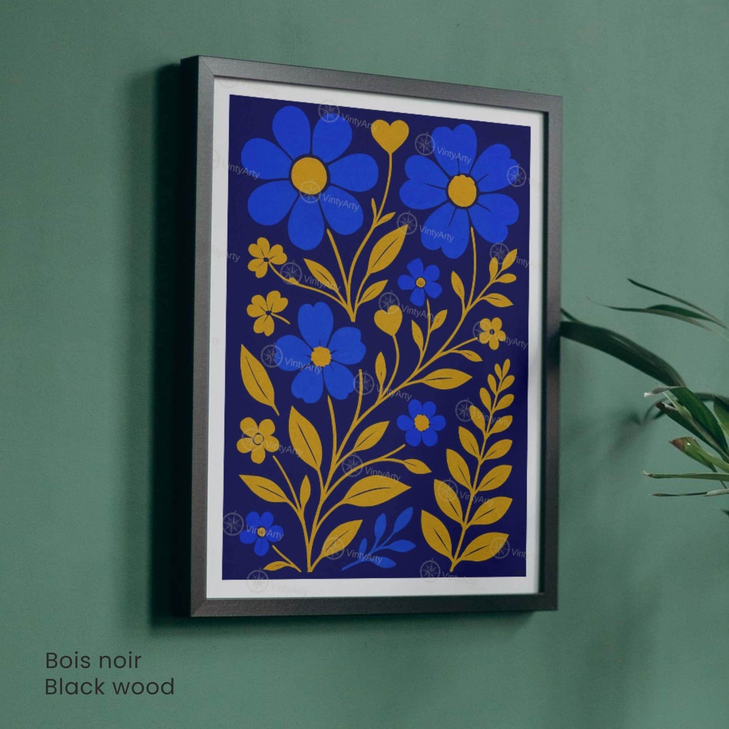 Affiche Roses Bleues et Or | Poster Botanique Moderne | Décoration Murale Élégante