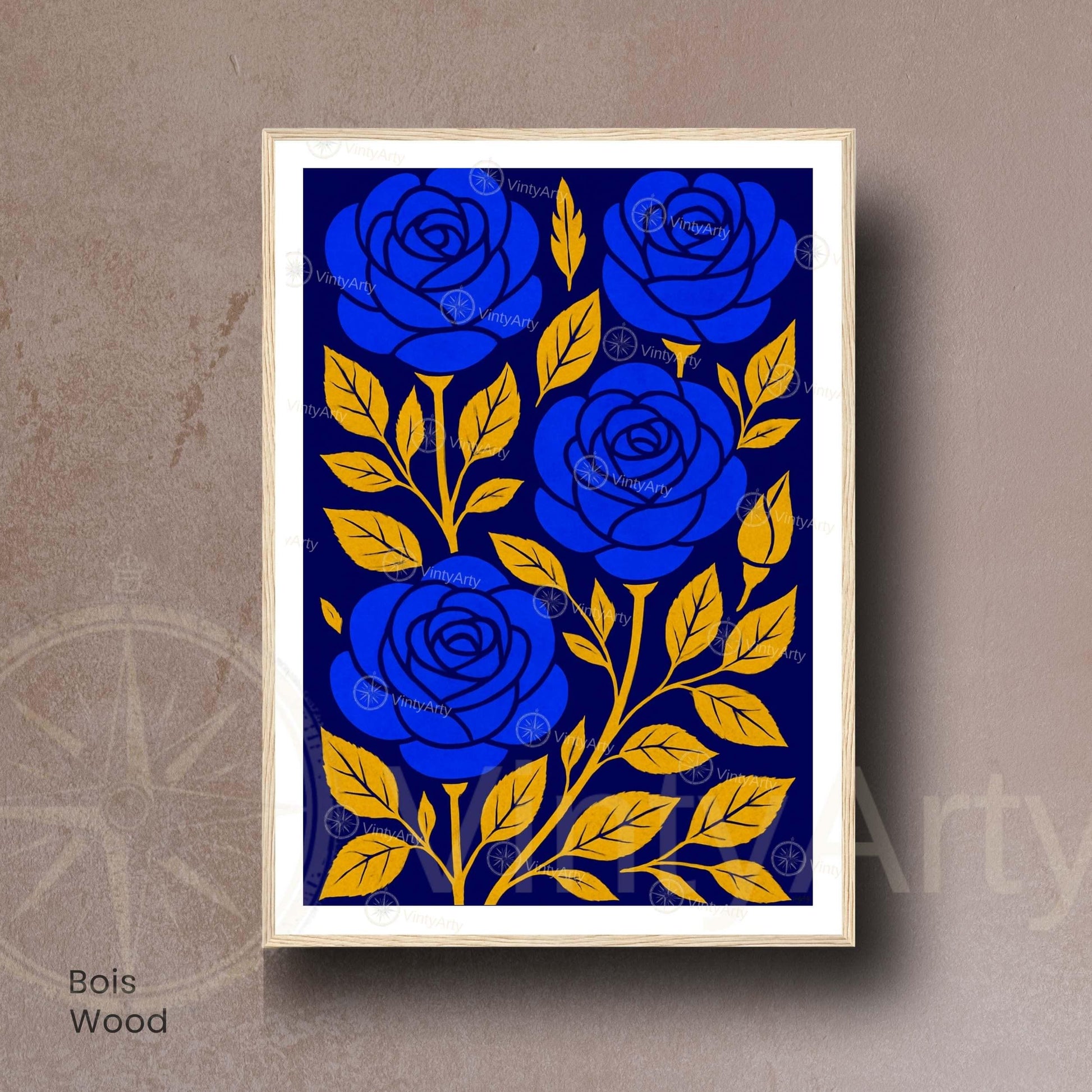 Affiche Roses Bleues et Or | Poster Botanique Moderne | Décoration Murale Élégante