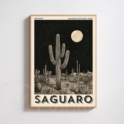 Saguaro Arizona Poster | Saguaro National Park Print | Vintage Desert Night Illustration | Black and white cactus poster