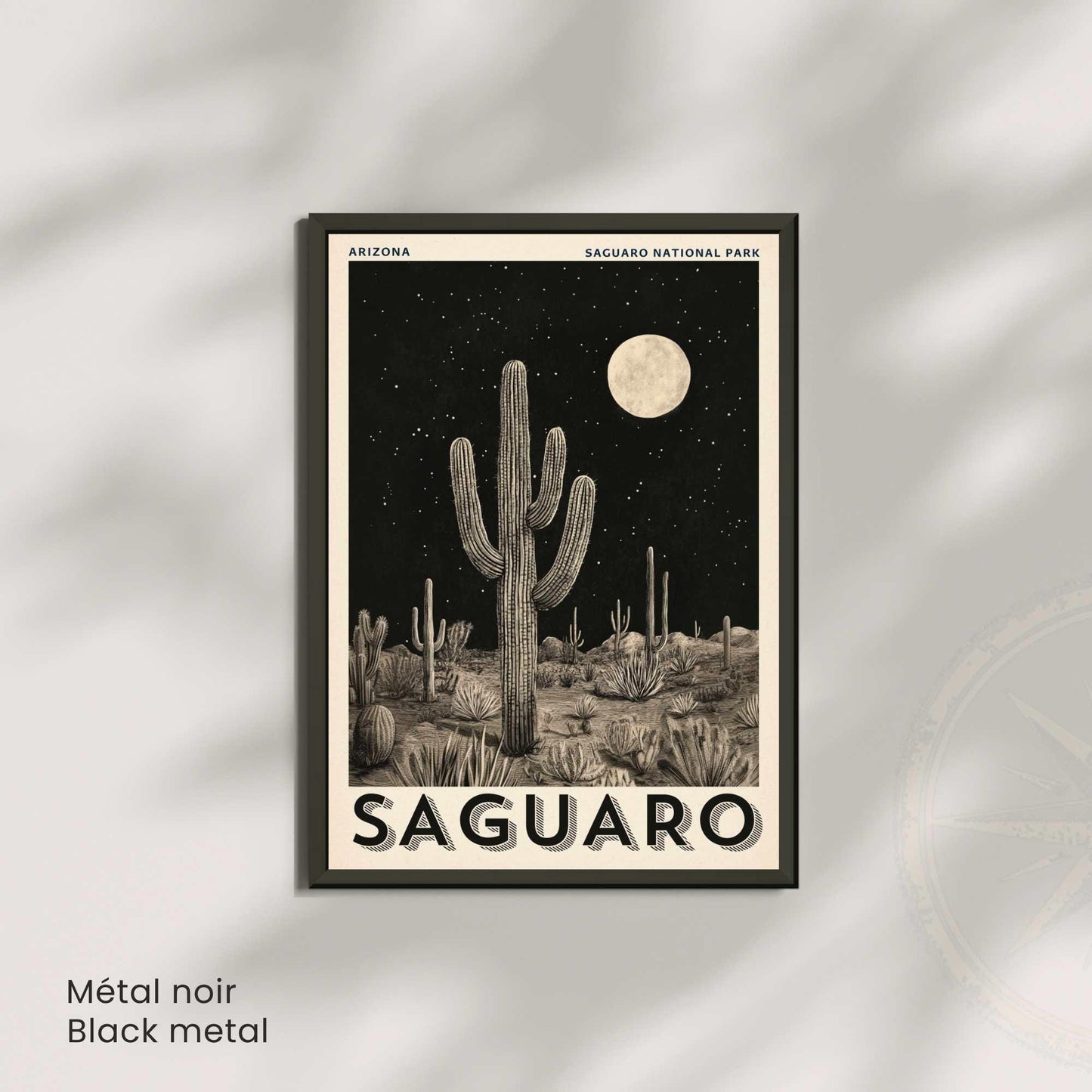 Affiche Saguaro Arizona | Poster Parc National du Saguaro | Illustration Vintage Désert Nocturne | Affiche cactus noir et blanc