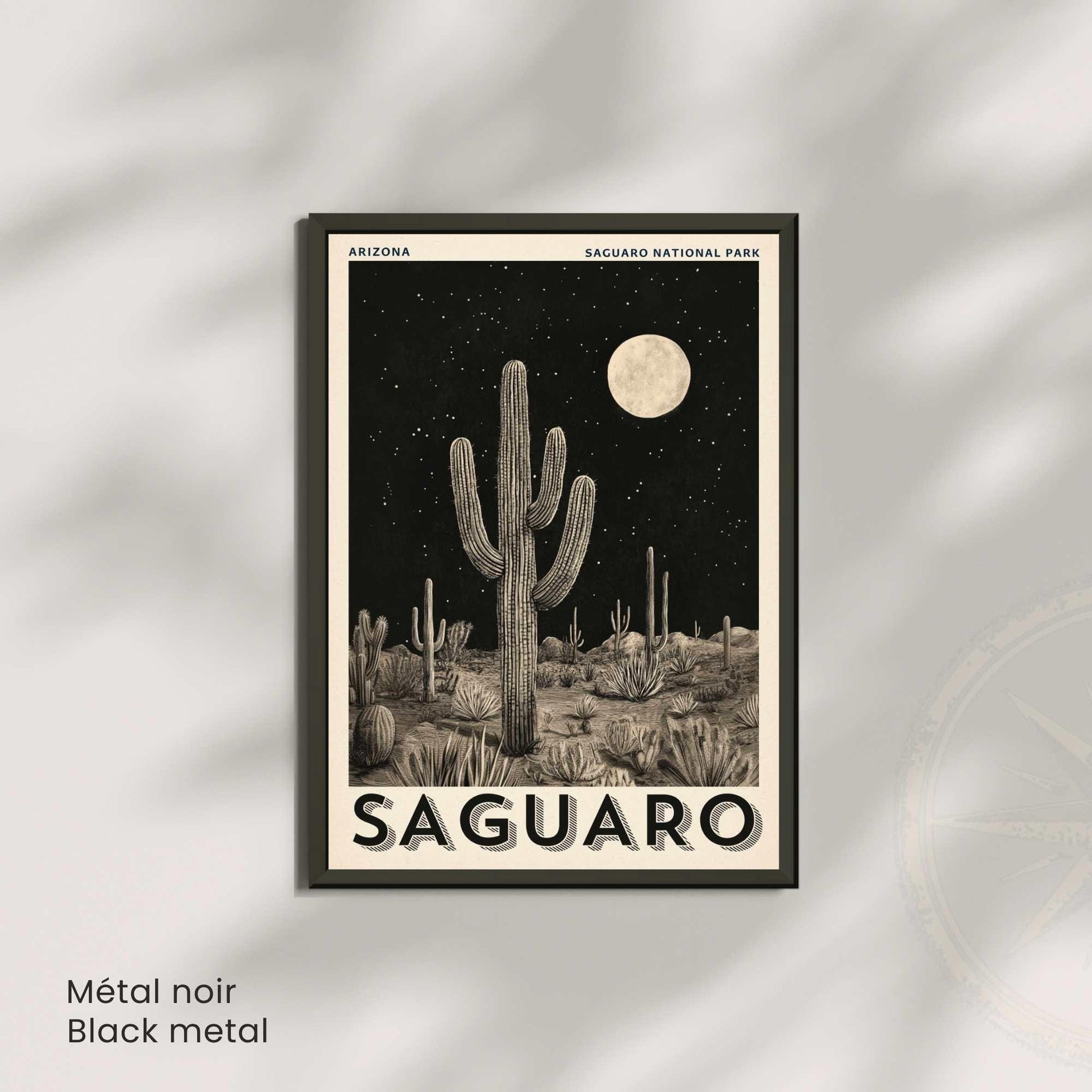 Affiche Saguaro Arizona | Poster Parc National du Saguaro | Illustration Vintage Désert Nocturne | Affiche cactus noir et blanc