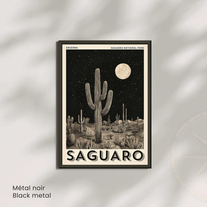Affiche Saguaro Arizona | Poster Parc National du Saguaro | Illustration Vintage Désert Nocturne | Affiche cactus noir et blanc