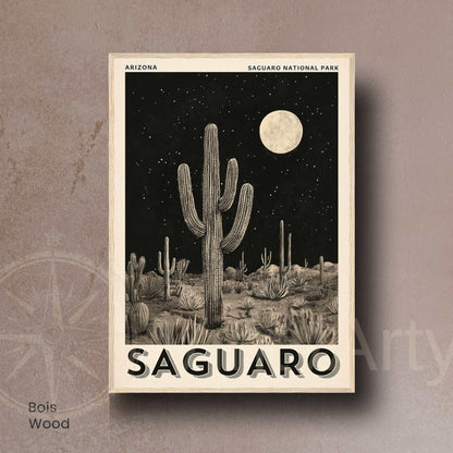 Affiche Saguaro Arizona | Poster Parc National du Saguaro | Illustration Vintage Désert Nocturne | Affiche cactus noir et blanc