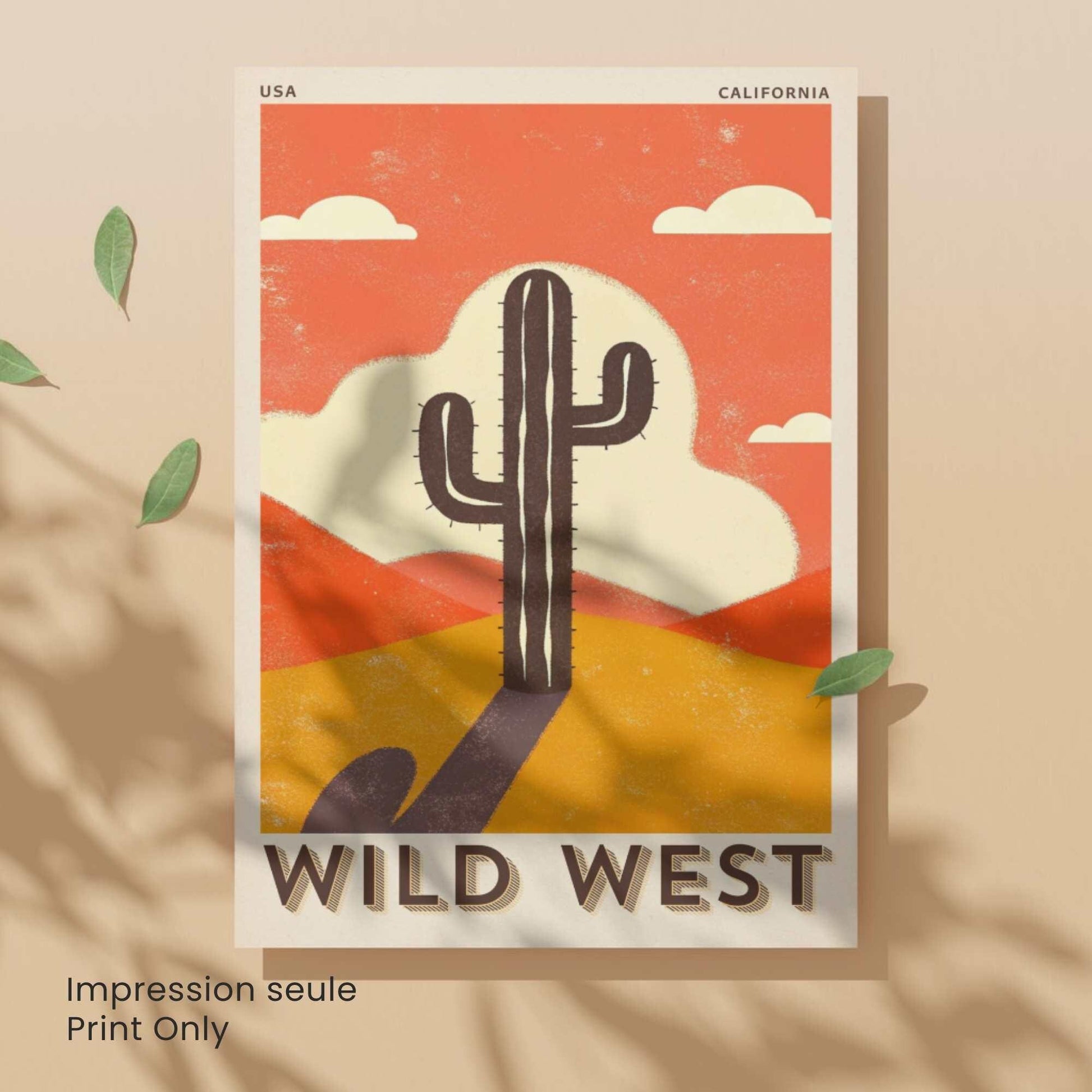 Affiche Wild West California | Poster Vintage Désert Américain | Illustration Cactus Rétro