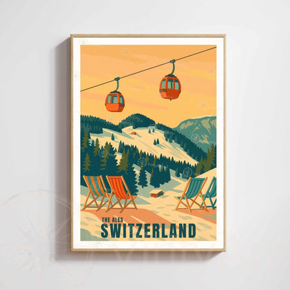 Affiche Alpes Suisse | Poster Vintage Télécabine | Illustration Rétro Montagne