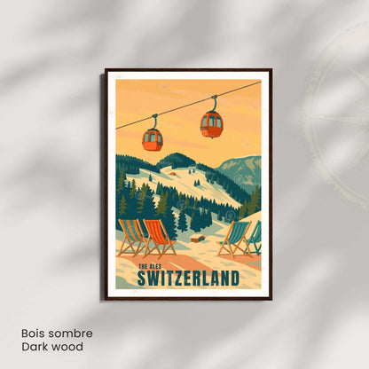 Affiche Alpes Suisse | Poster Vintage Télécabine | Illustration Rétro Montagne