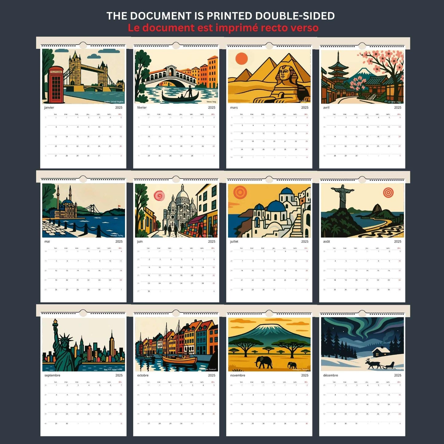Calendrier mural 2026 Voyage | 12 illustrations du monde | Personnalisable & réutilisable en affiches