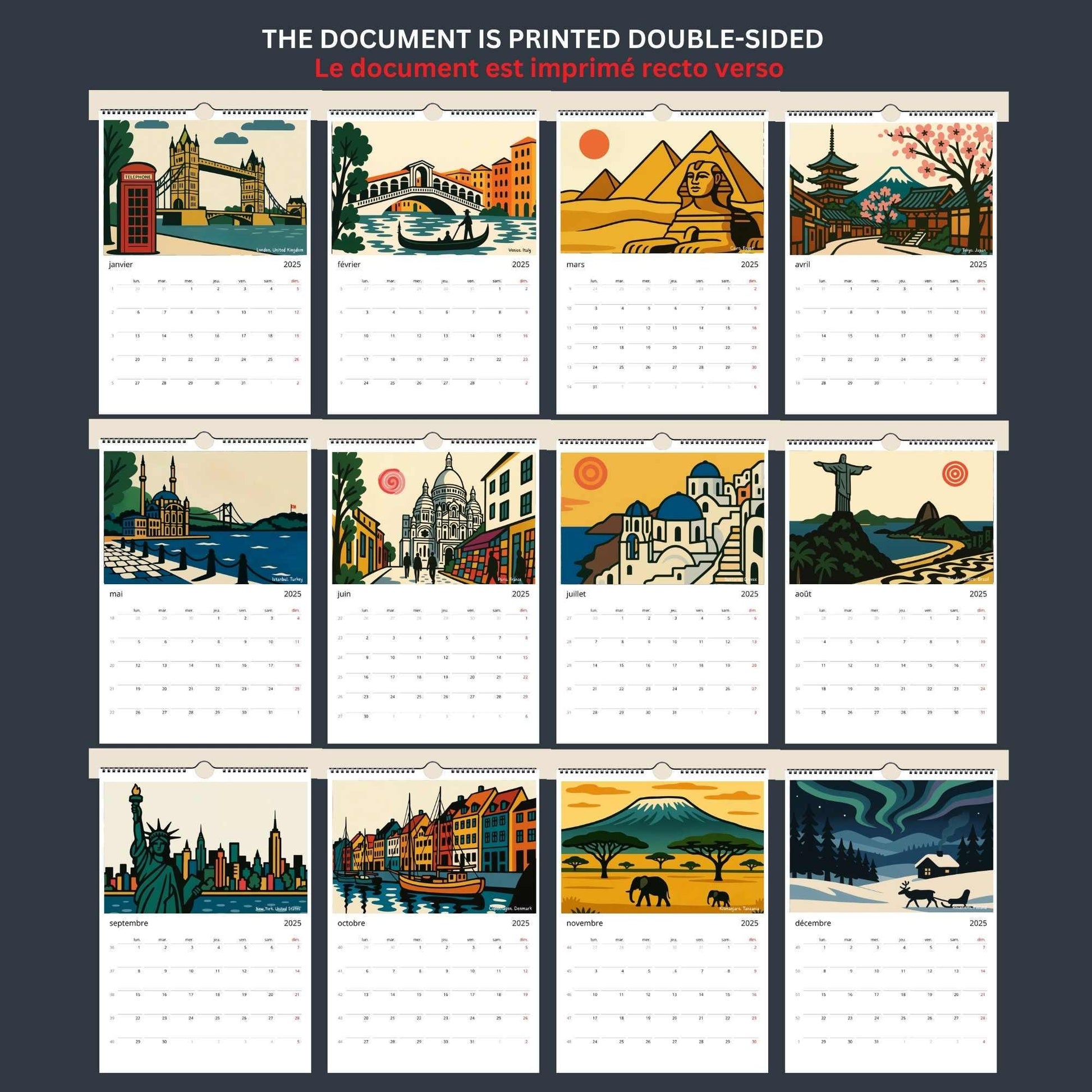 Calendrier mural 2026 Voyage | 12 illustrations du monde | Personnalisable & réutilisable en affiches