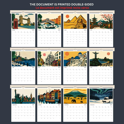 Calendrier mural 2026 Voyage | 12 illustrations du monde | Personnalisable & réutilisable en affiches