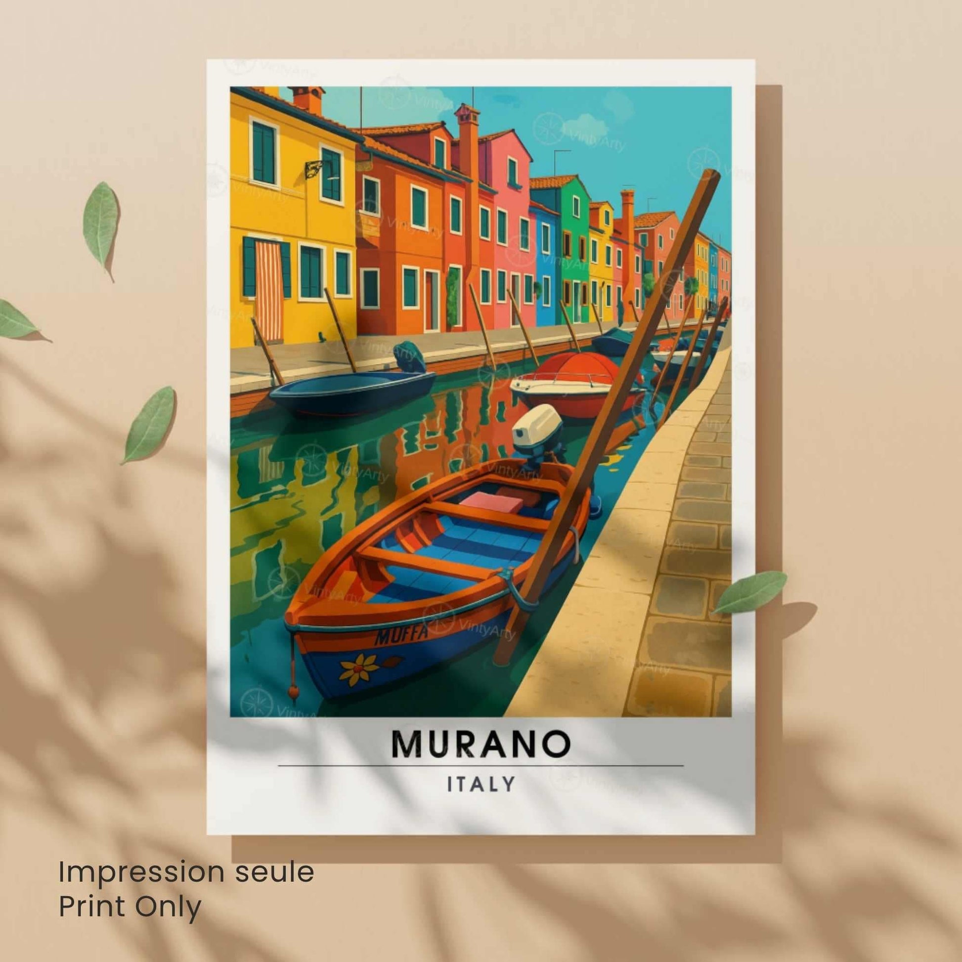 Affiche Murano Italie – Maisons colorées et barques sur le canal