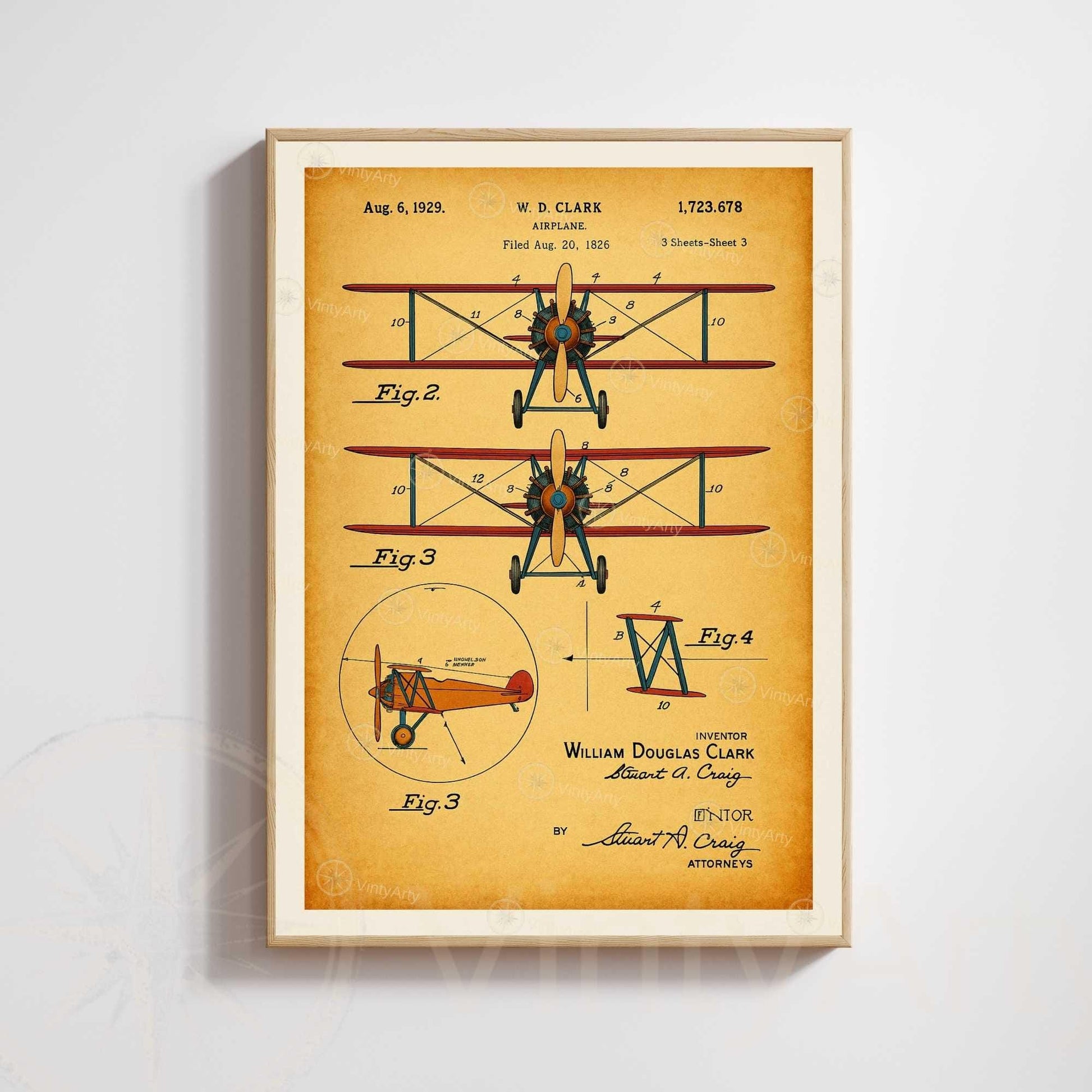 Vintage Airplane Patent Poster – 1929 Aviation Blueprint | Industrial Retro Wall Art
