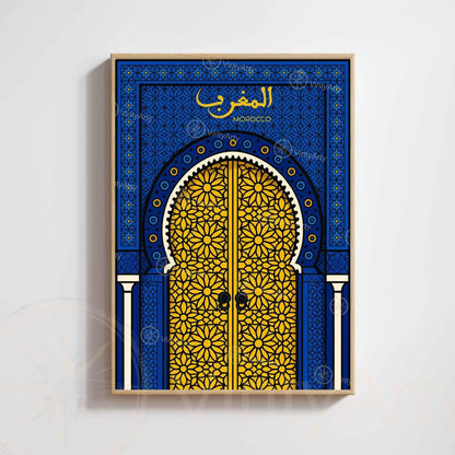 Affiche Maroc – Porte Dorée & Motifs Zellige | Art Oriental & Décoration Murale Marocaine