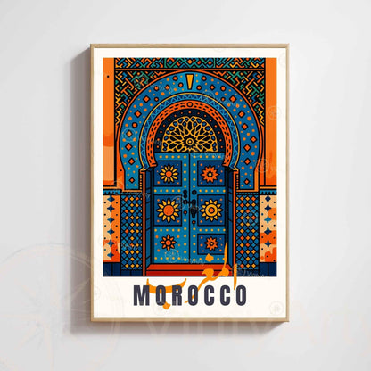 Affiche Maroc – Porte Bleue et Oranges | Art Oriental Marocain  - Décoration Murale Marocaine