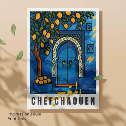 Affiche Chefchaouen – Porte Bleue et Orangers | Affiche Maroc et Art Oriental