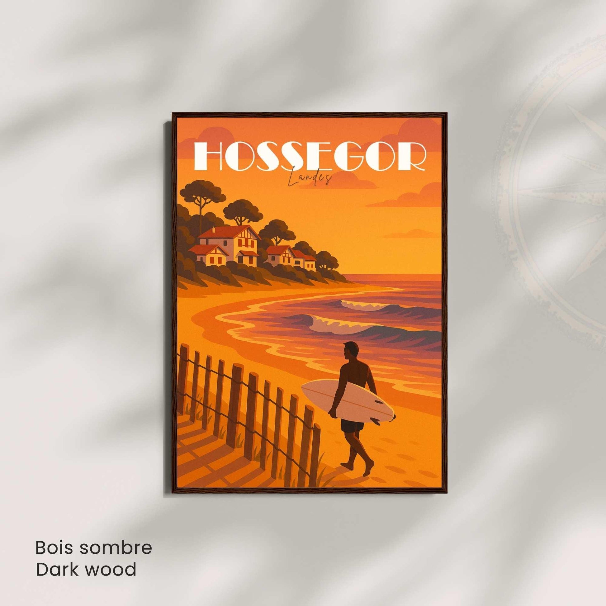 Affiche Hossegor – Landes | Illustration Surf au Coucher du Soleil | Poster Vintage Océan Atlantique