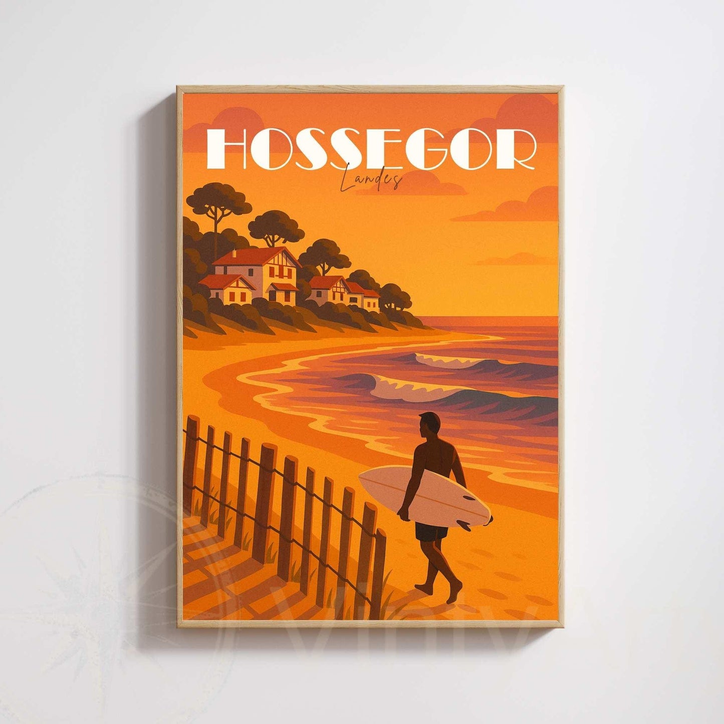 Affiche Hossegor – Landes | Illustration Surf au Coucher du Soleil | Poster Vintage Océan Atlantique