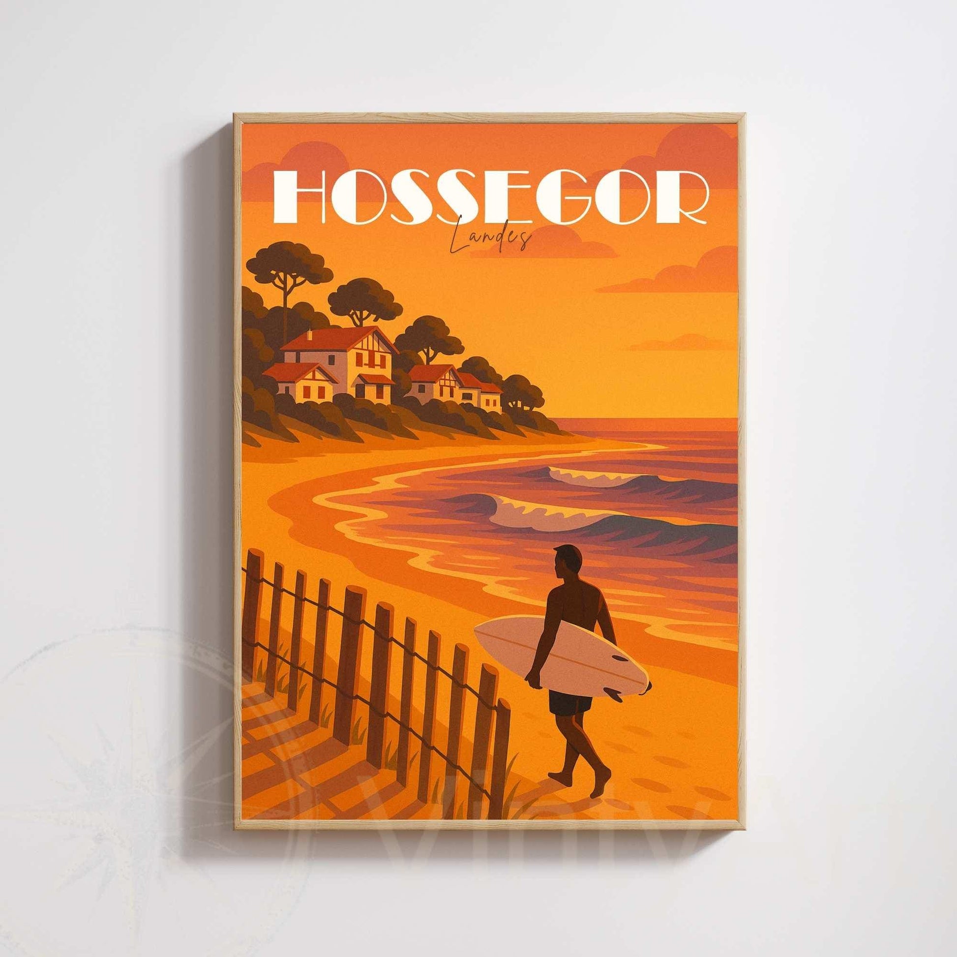 Affiche Hossegor – Landes | Illustration Surf au Coucher du Soleil | Poster Vintage Océan Atlantique