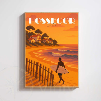 Affiche Hossegor – Landes | Illustration Surf au Coucher du Soleil | Poster Vintage Océan Atlantique