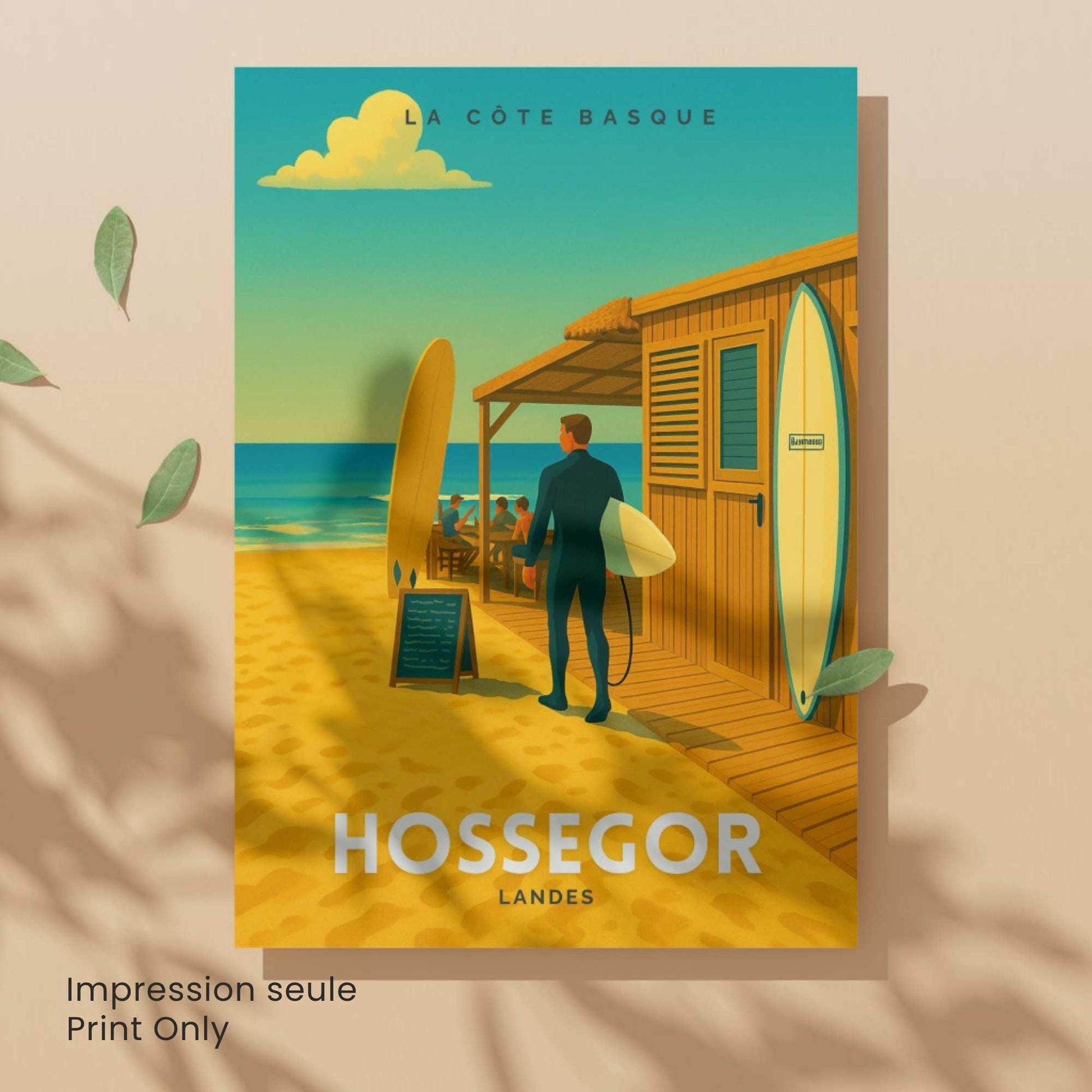 Affiche de voyage Hossegor – Landes | Illustration Surf Shack | Poster Vintage Côte Basque