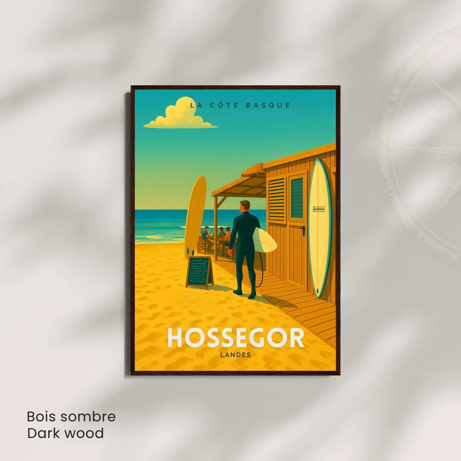 Affiche de voyage Hossegor – Landes | Illustration Surf Shack | Poster Vintage Côte Basque
