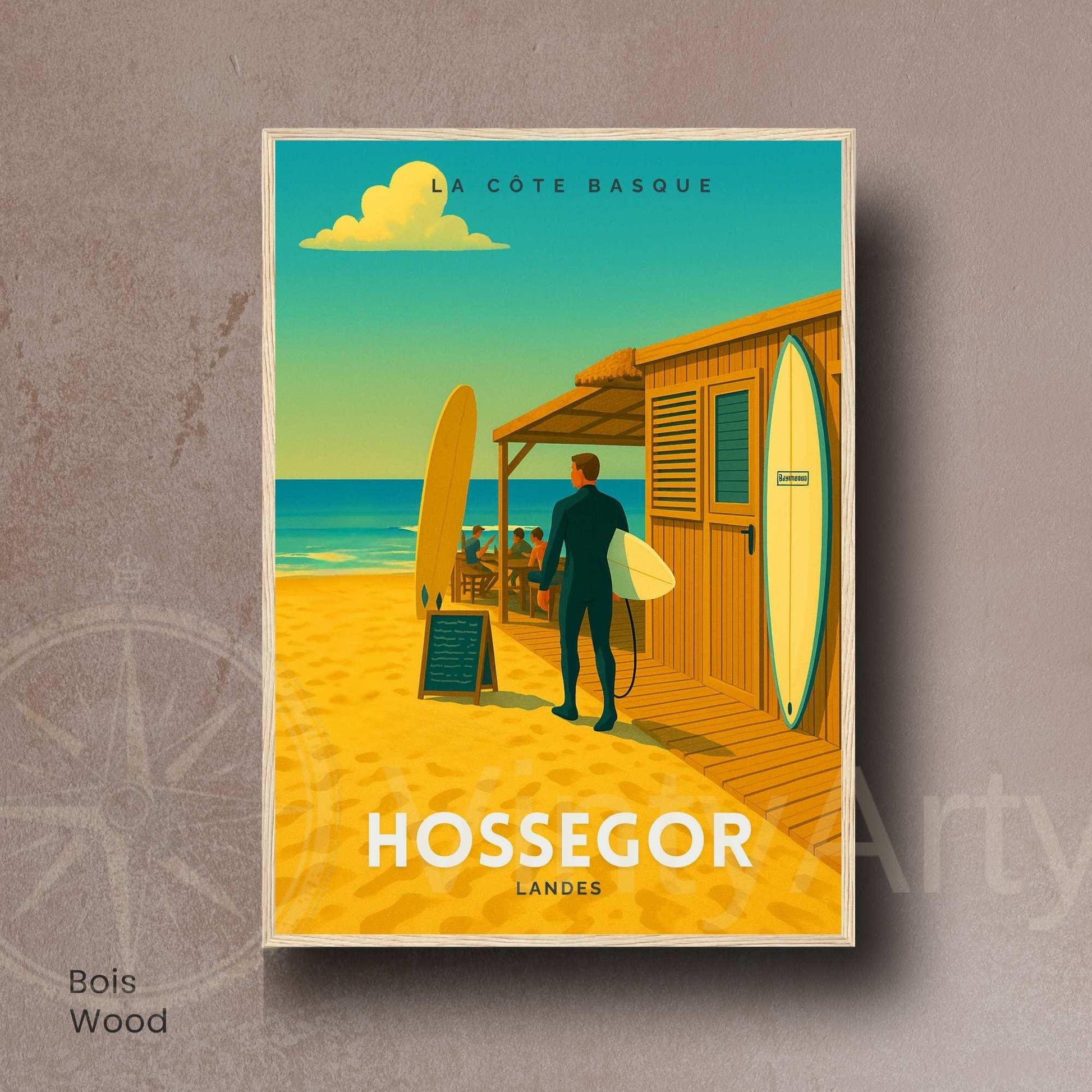 Affiche de voyage Hossegor – Landes | Illustration Surf Shack | Poster Vintage Côte Basque