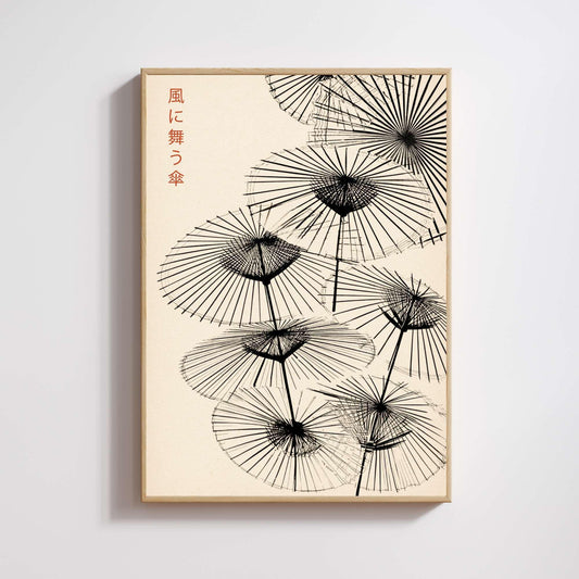 Affiche Japonaise – Parapluies Dansants au Vent | Poster Minimaliste Japonais | Illustration Zen et Poétique | Art Mural Japon Traditionnel