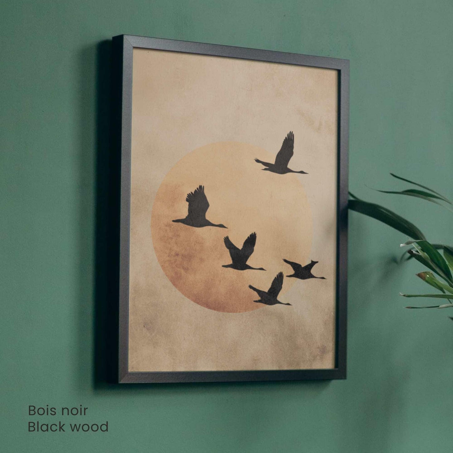 Affiche Japonaise – L’Envol du Soir | Poster Minimaliste Japonais | Grues et Lune Dorée | Art Zen et Wabi-Sabi